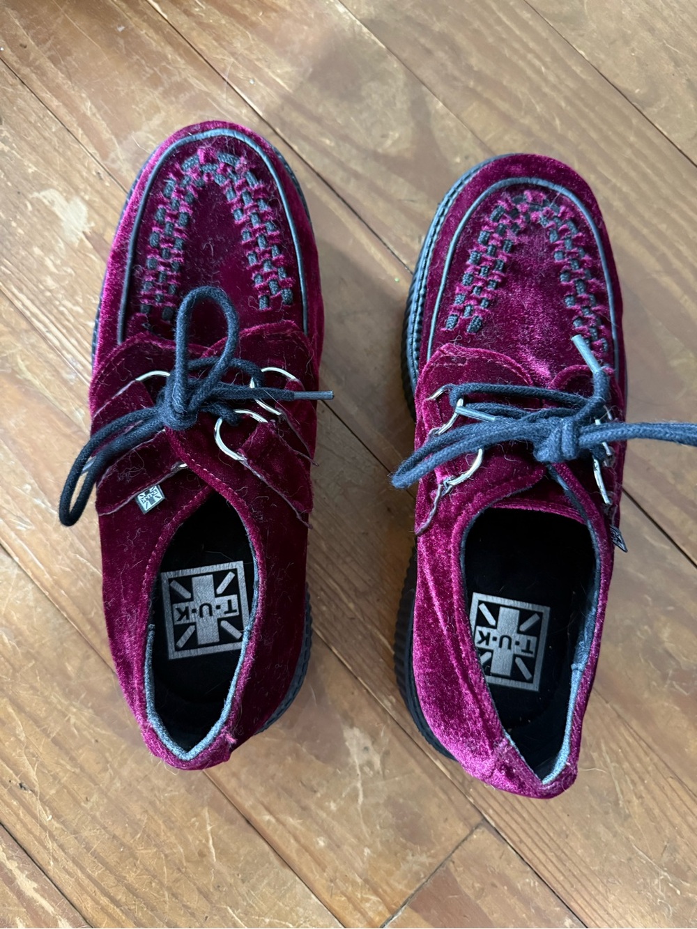 T.U.K Women's Wine Velvet Platform Creepers with Black Laces
